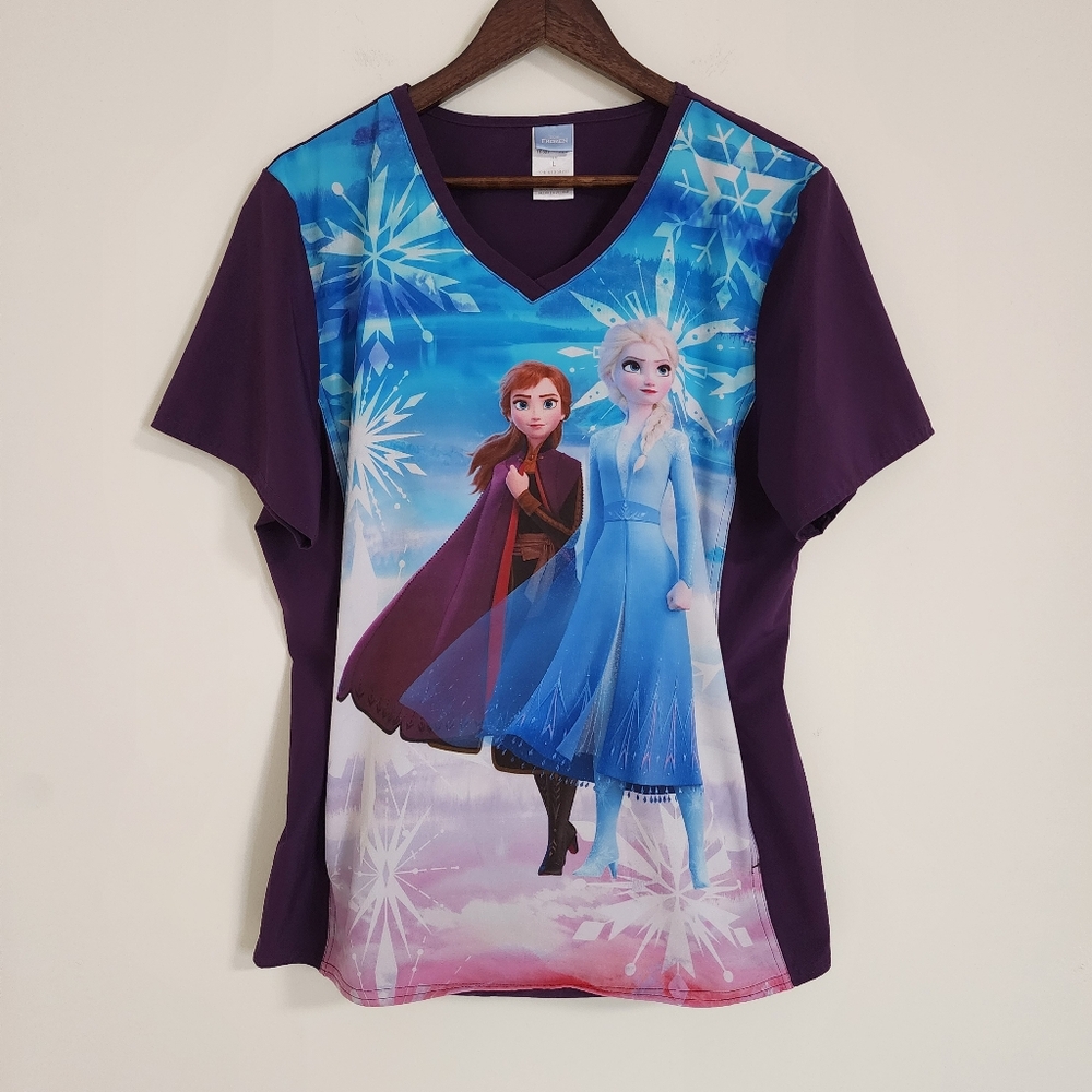 Disney Frozen Toonaforms Eggplant Purple Elsa & Anna Graphic Scrub Top Large